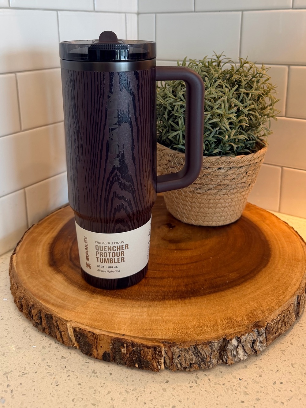 30 oz Wood Grain Stanley Quencher Protour Tumbler with flip top lid-Dark Brown